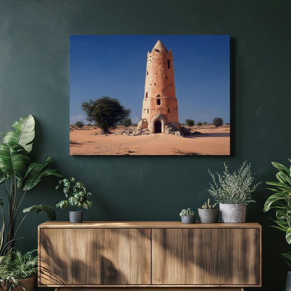 Desert Tower Canvas Wall Art Swept Dunes Blue Sky Orange Glow Acacia Branches Ancient Landmark Rustic Decor Nature Print Travel Landscape