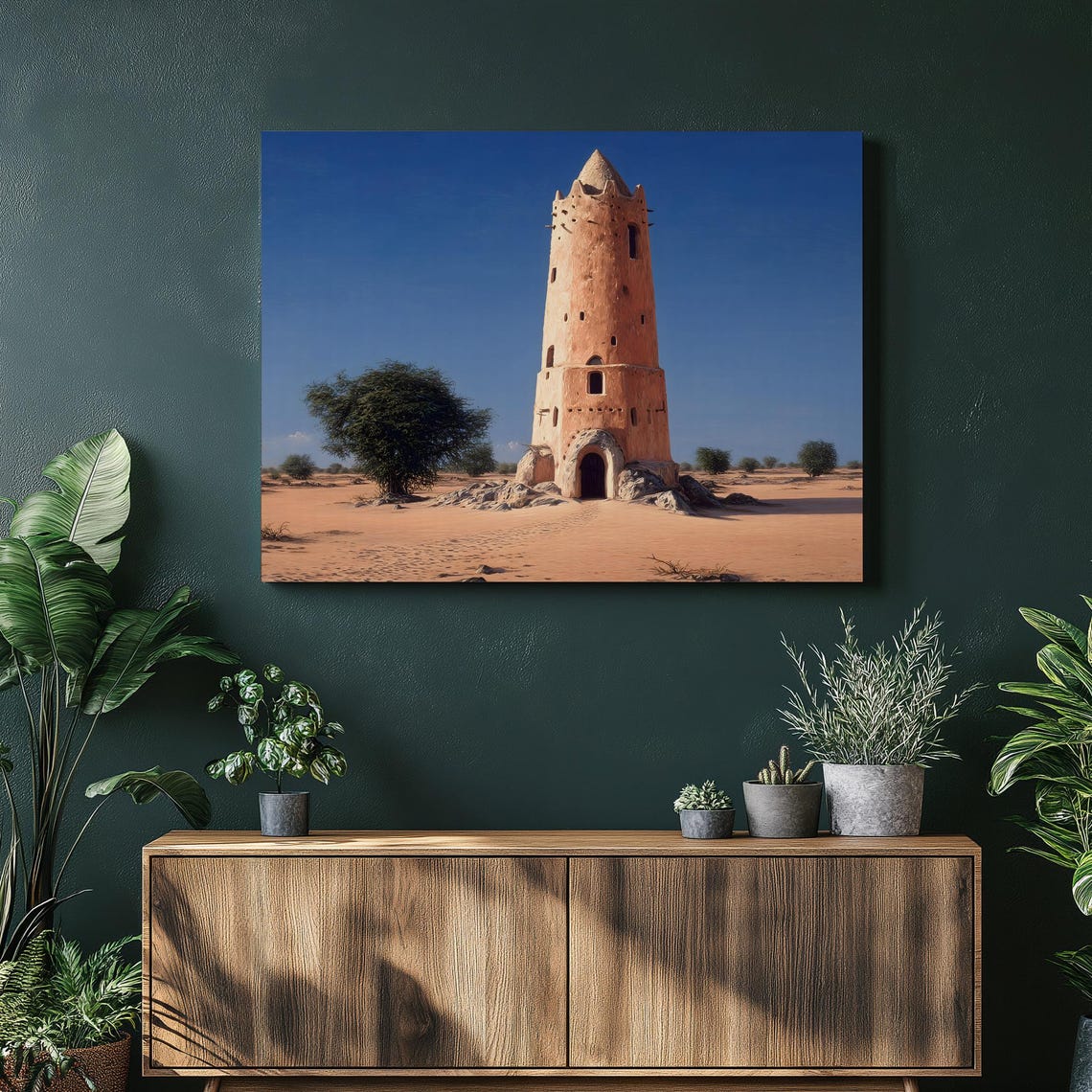 Ancient Desert Tower Rising Over Swept Sand Dunes Blue Sky Poster