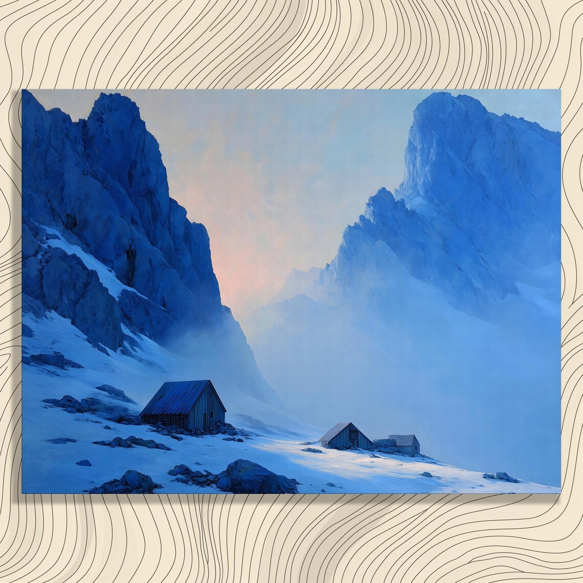 Snowy Mountain Cabin Painting with Blue Peaks at Dawn Winter Poster