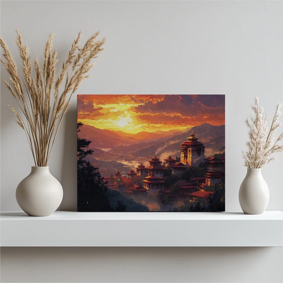 Bhutan Canvas Wall Art Detailed Illustration Of Sunset Skyline Bhutanese Decor High Detail And Resolution Realistic