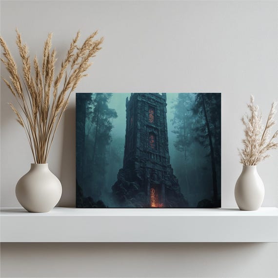 Mystical Gothic Tower Canvas Print Dark Forest Mist Fantasy Art