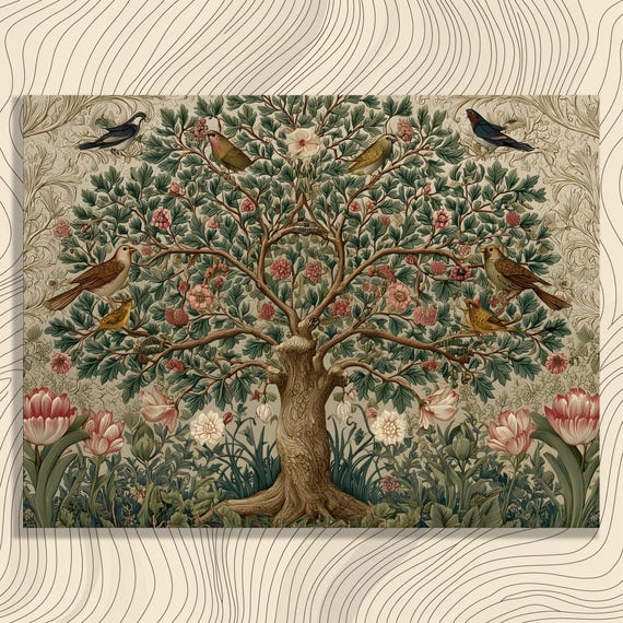 Vintage Botanical Canvas Wall Art Nouveau Tree With Birds And Flowers Floral Print Nature Decor Painting
