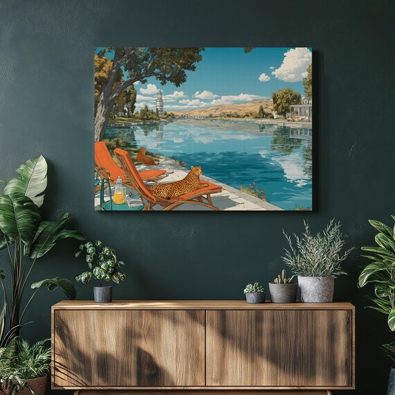 Cheetah Lakeside Lounge Canvas Wall Art Modern Wildlife Print With Lake Reflection Landscape Painting Vibrant Orange Blue Decor Gift