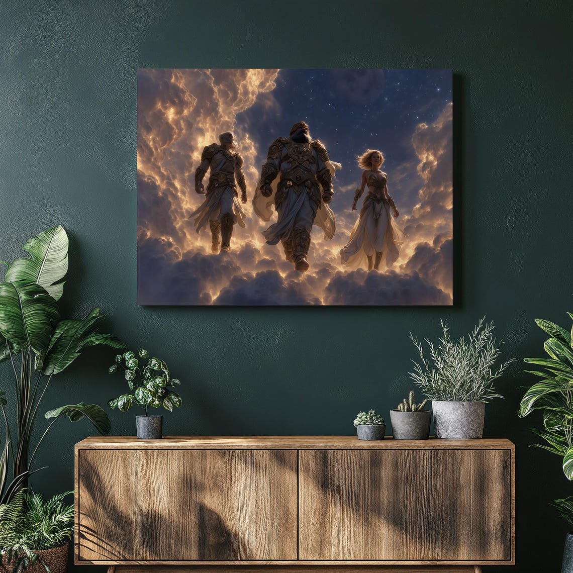 Epic Fantasy Warriors Canvas Wall Art Starry Sky Moonlit Clouds Celestial Print Golden Armor Mythology Decor Bold Dark