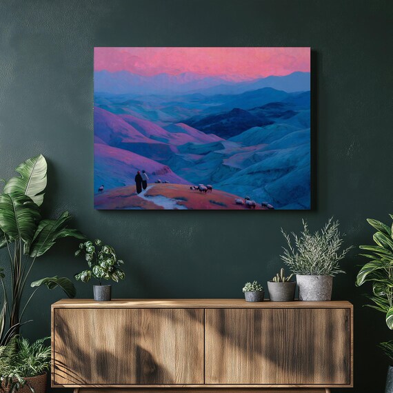 Shepherds with Sheep on Purple Mountain Pastoral Sunset Print