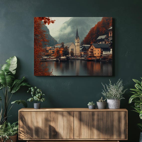 Hallstatt Austria Lake View Wall Art Landscape Autumn Village Scene Mountain Painting Home Decor Nature