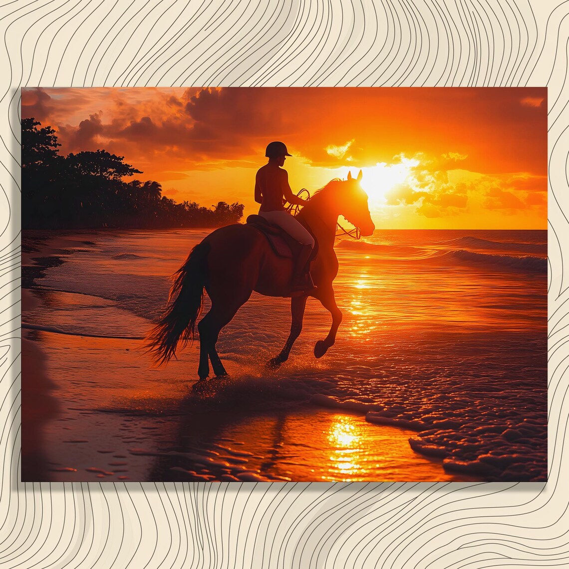 Horse Rider Beach Sunset Orange Glow Silhouette Tropical Wall Poster