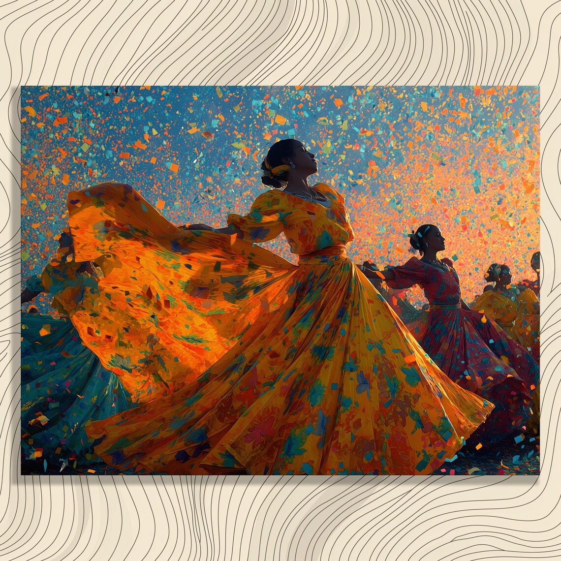 Folkloric Dancers in Colorful Skirts Under Confetti Art Print