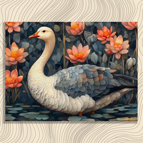 Goose And Canvas Wall Art Botanical Pond Scene With Lily Pads Blossoms Watercolor Look Detailed Feathers Nature Decor Prin