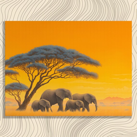 Elephant Sunset Safari Canvas Wall Art African Wildlife Print Acacia Tree Painting Nature Decor Tropical Savanna Landscape Gift