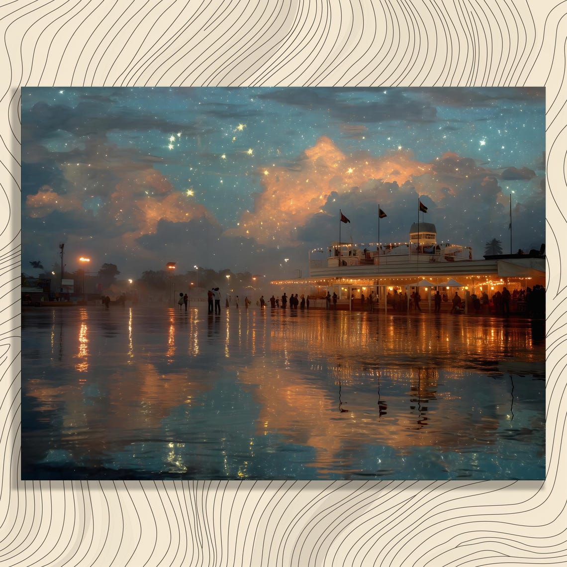 Starry Night Harbor Waterfront Lights Dreamy Seascape Art Print
