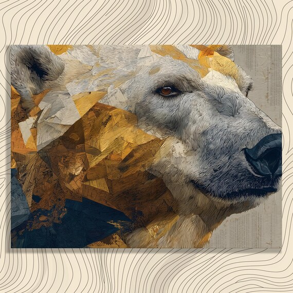 Polar Bear Canvas Wall Art Modern Geometric Collage Print Arctic Wildlife Painting Nature Decor Gift Contemporary Animal Portrait