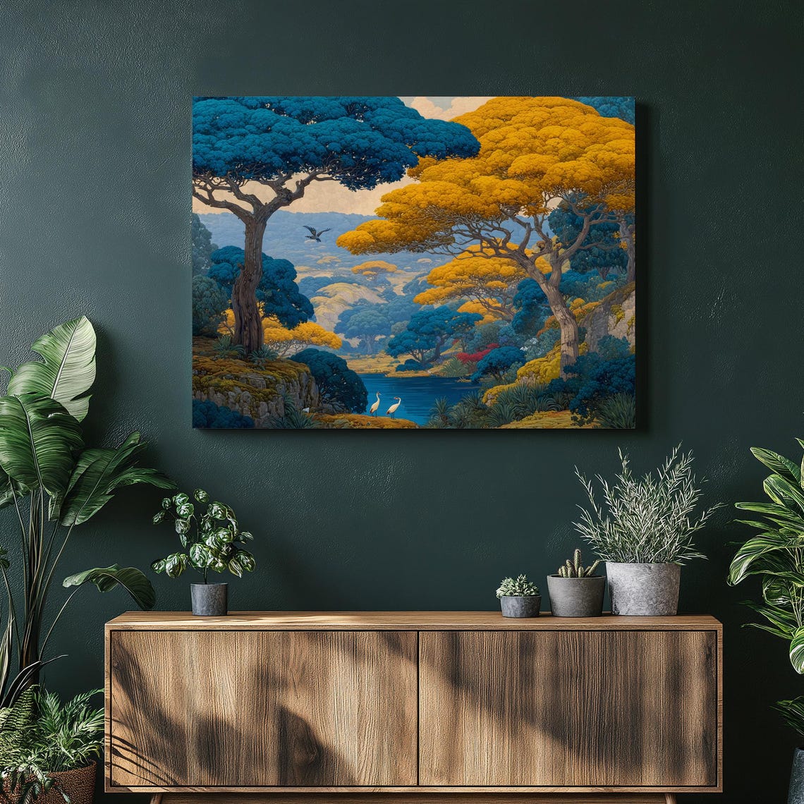 Vibrant Ethiopian Acacia Tree Landscape Golden Teal River Wall Art