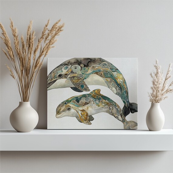 Dolphin Mother And Baby Watercolor Swirls Ocean Wildlife Wall Art