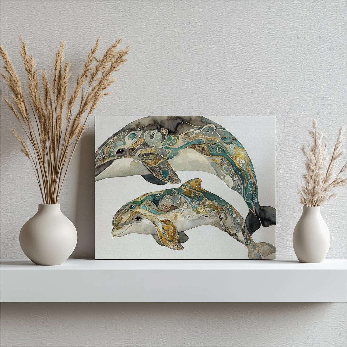 Porpoise Canvas Wall Art Baby Watercolor Acrylic Painting Ocean Animal Decor Sea Life Nursery Hanging Wildlife Mothers