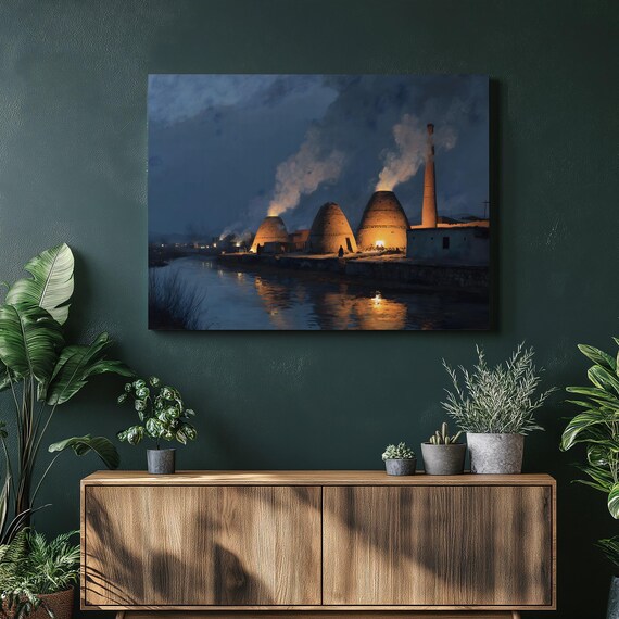 Moody Industrial Nightscape Canvas Wall Art Rustic Decor River Landscape Print Brick Kiln Firelight Dark Waterfront Painting Gift