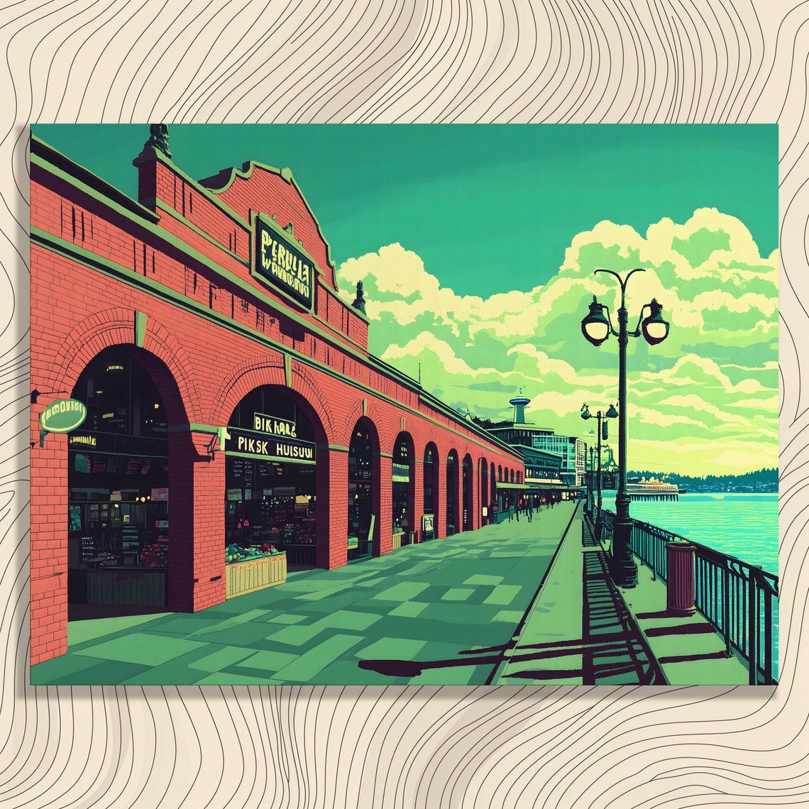 Pike Place Market Seattle Red Brick Waterfront Vintage Poster