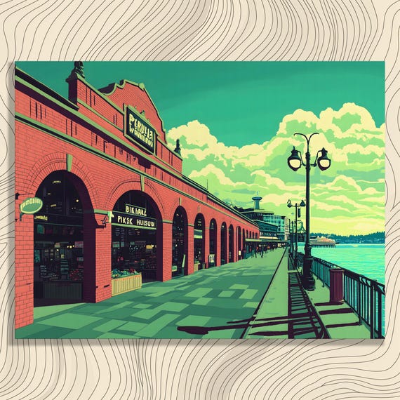 Vibrant Waterfront Market Canvas Wall Art Modern Cityscape Red Brick Building Illustration Print Landscape Painting Decor For Adults