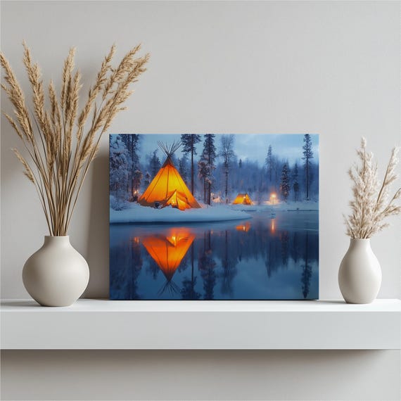 Winter Campsite Lake Canvas Wall Art Glowing Teepee Tents By Frozen Forest Blue Hour Snow Landscape Reflection Cozy Cabin Rustic Decor