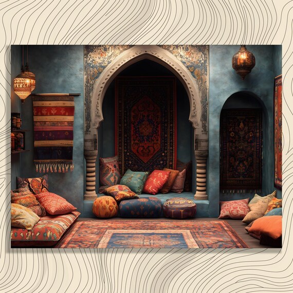 Moroccan Courtyard Blue Arch Colorful Rugs Cushions Lanterns Cozy Poster