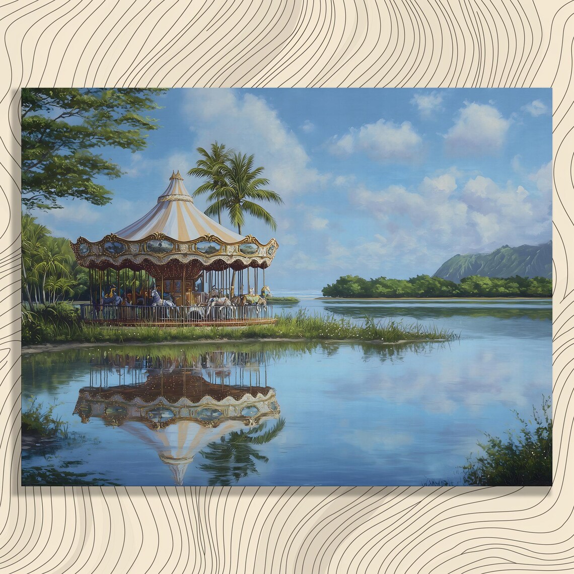 Tropical Carousel Lake Reflection Palm Trees Dreamy Coastal Art Poster