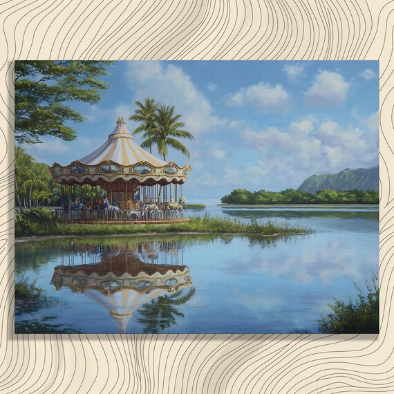 Tropical Carousel Lake Reflection Palm Trees Dreamy Coastal Art Poster