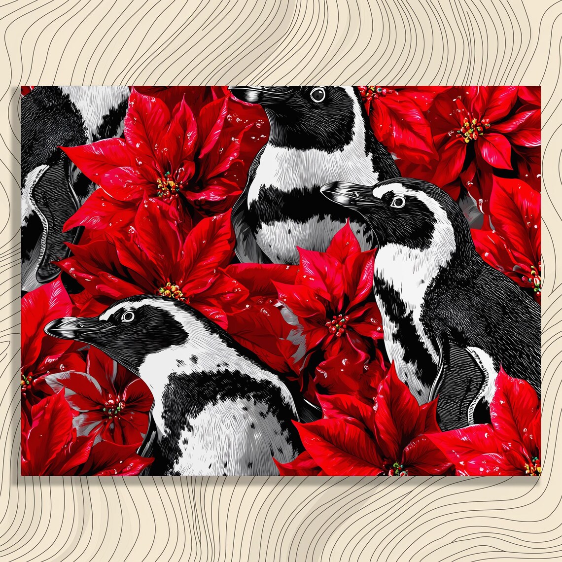 Penguins Among Red Poinsettias Festive Christmas Bird Poster