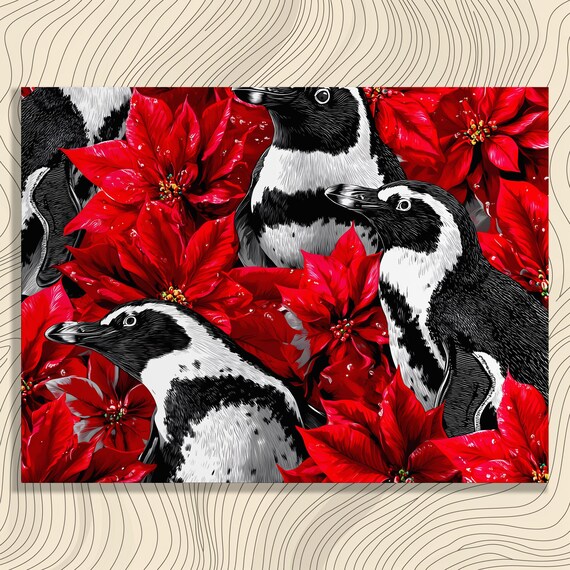 Penguins Among Red Poinsettias Festive Christmas Bird Poster