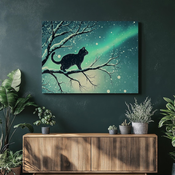 Black Cat Snowy Branch Northern Lights Winter Night Scene Poster