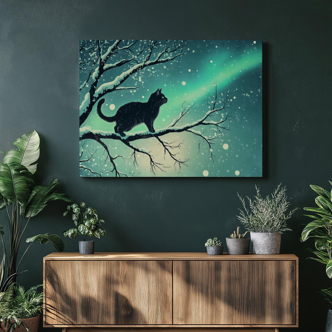 Black Cat Snowy Branch Northern Lights Winter Night Scene Poster