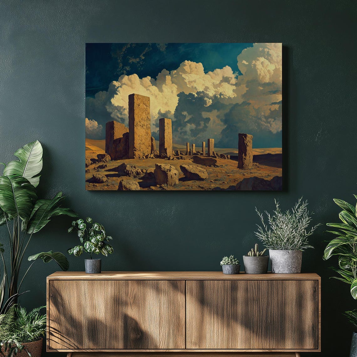 Ancient Desert Ruins Sandstone Pillars Dramatic Storm Clouds Poster
