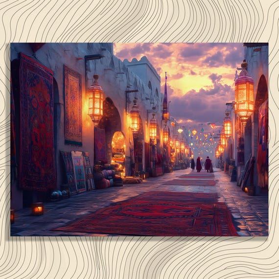 Sunset Market Canvas Wall Art Vibrant Bohemian Lantern Print And Colorful Rug Scene For Home Decor Gift In Eclectic Impressionism Style