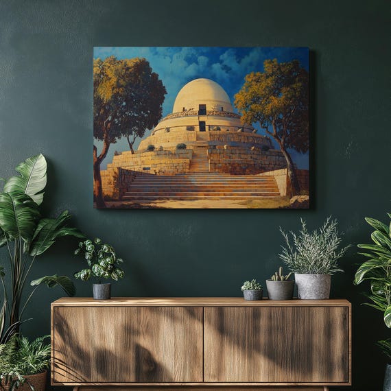 Stupa Canvas Wall Art Sanchi Stone Dome Temple Steps Under Blue Sky Heritage Monument Travel Decor Architectural Print