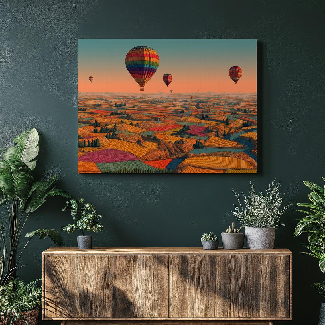 Hot Air Balloons Patchwork Farmland Sunset Sky Landscape Art Poster