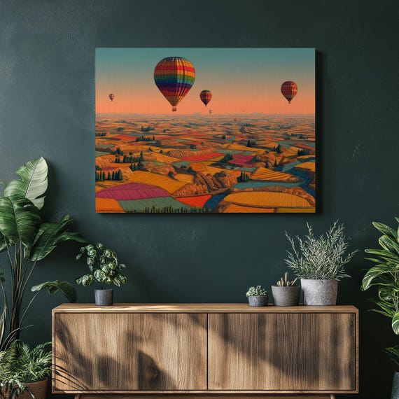 Hot Air Balloon Canvas Wall Art Sunset Countryside Farmland Landscape Aerial View Vivid Horizon Colorful Contemporary Gift Print