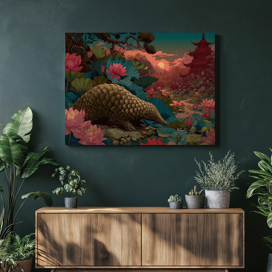 Pangolin Wildlife Asian Pond Lotus Pagoda Jungle Nature Poster