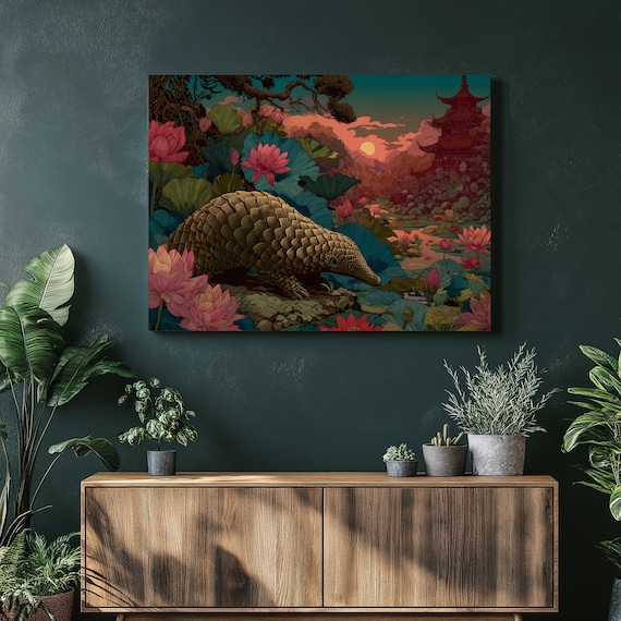 Pangolin Wildlife Asian Pond Lotus Pagoda Jungle Nature Poster