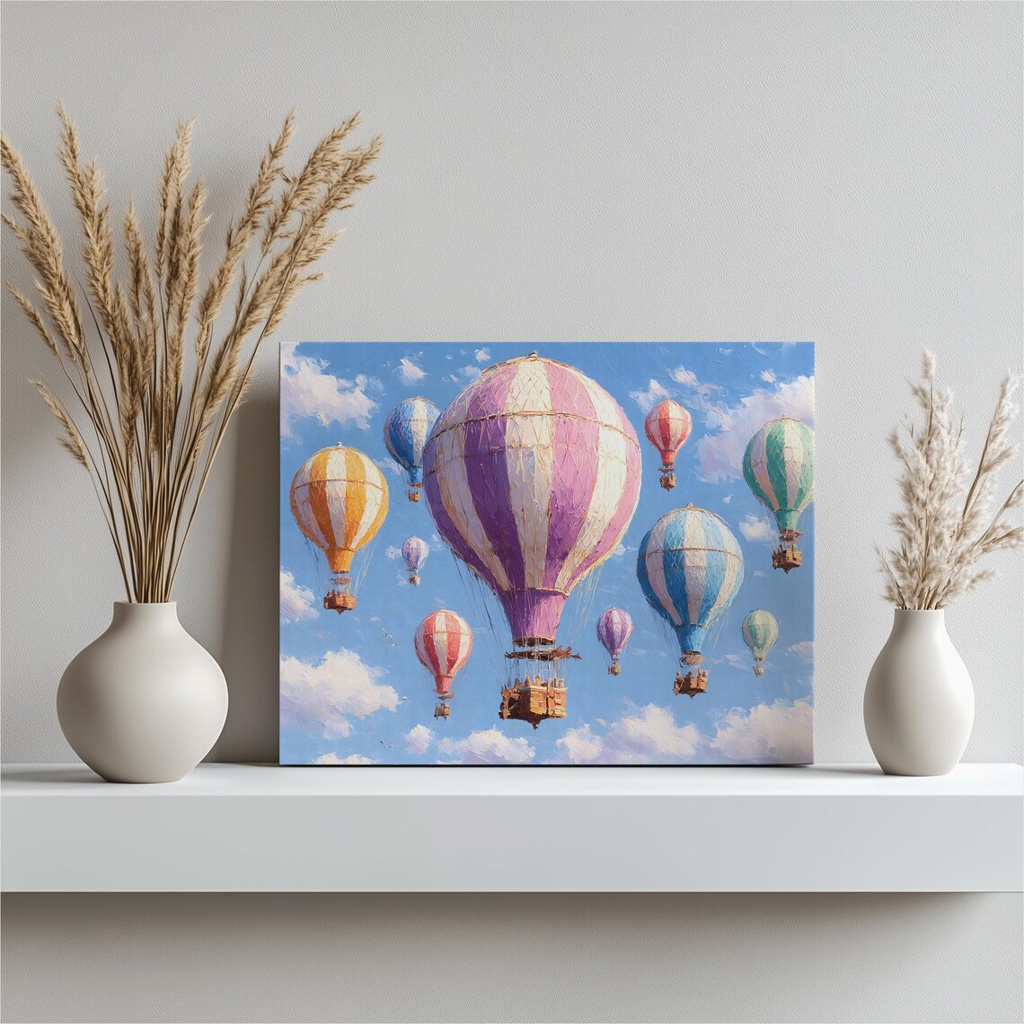Whimsical Multicolor Hot Air Balloons In Blue Sky Canvas Wall Art