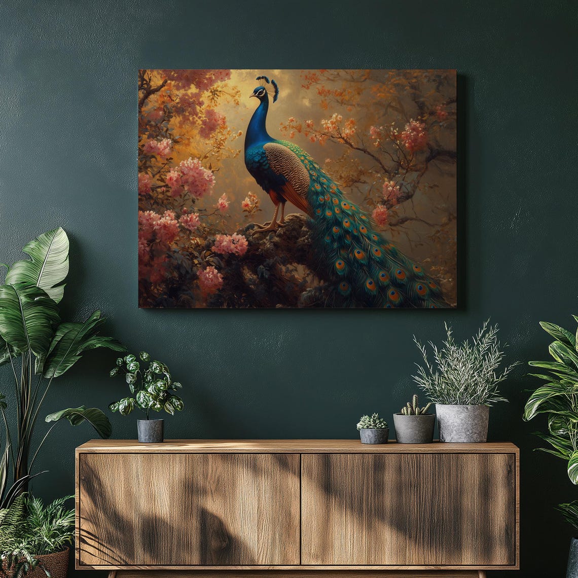 Majestic Peacock Golden Blossoms Regal Bird Portrait Painting Wall Art