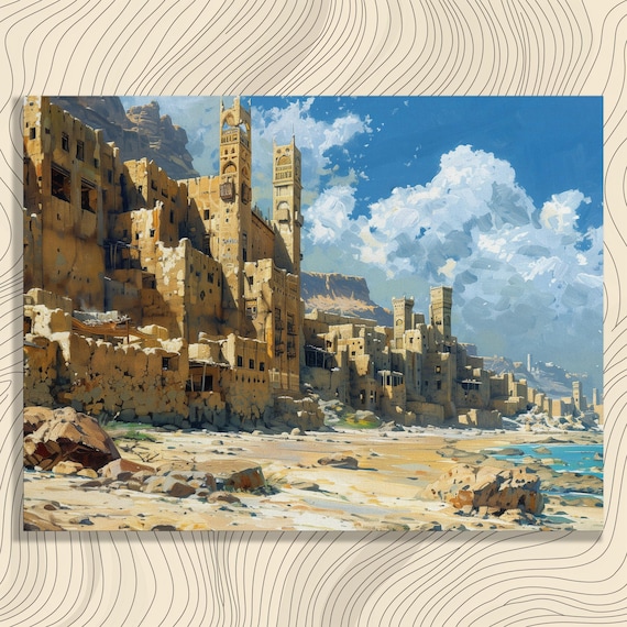 Ancient Old Desert City Towers Golden Oasis Landscape Art Print