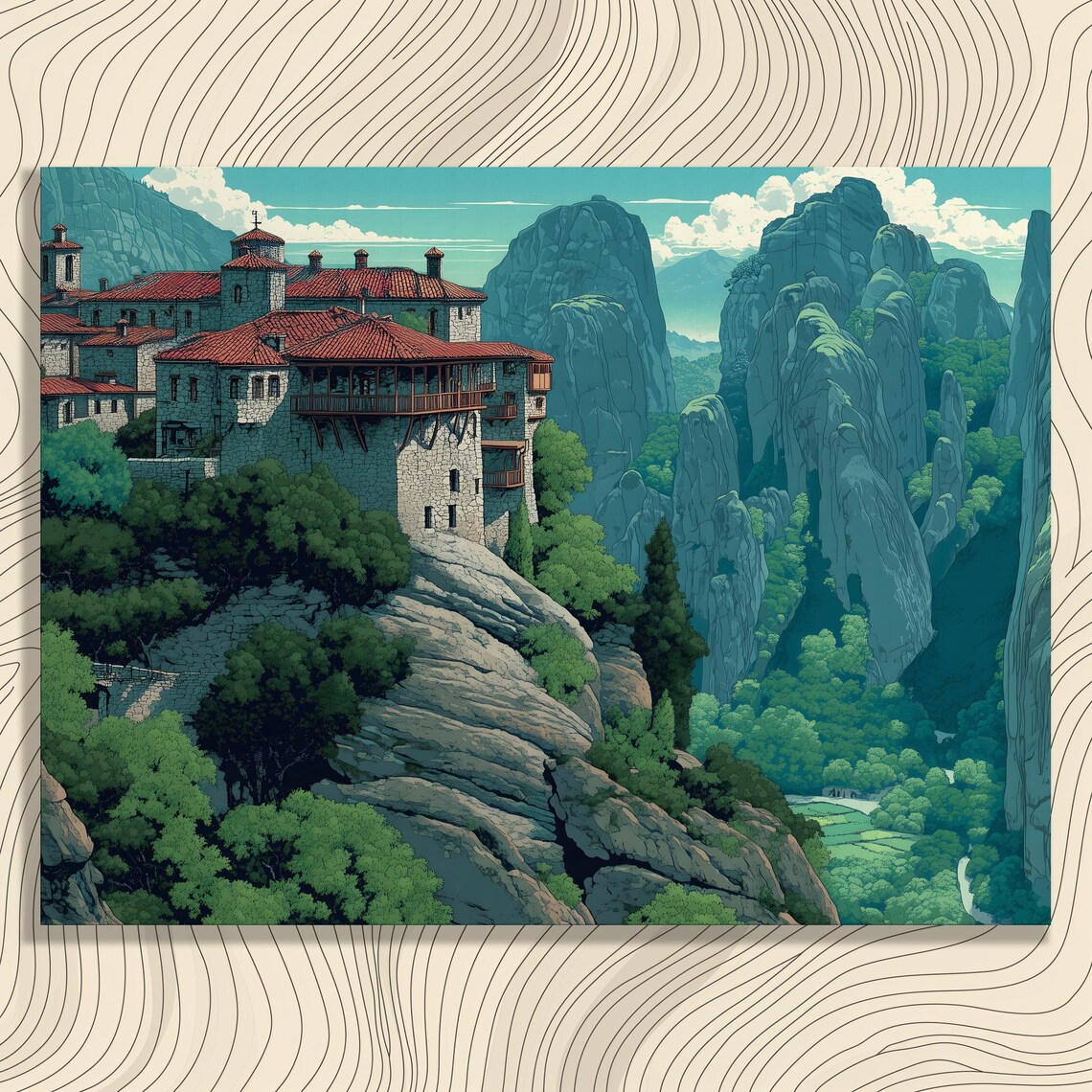 Cliffside Monastery Red Roofs Towering Rock Valley Painting Poster