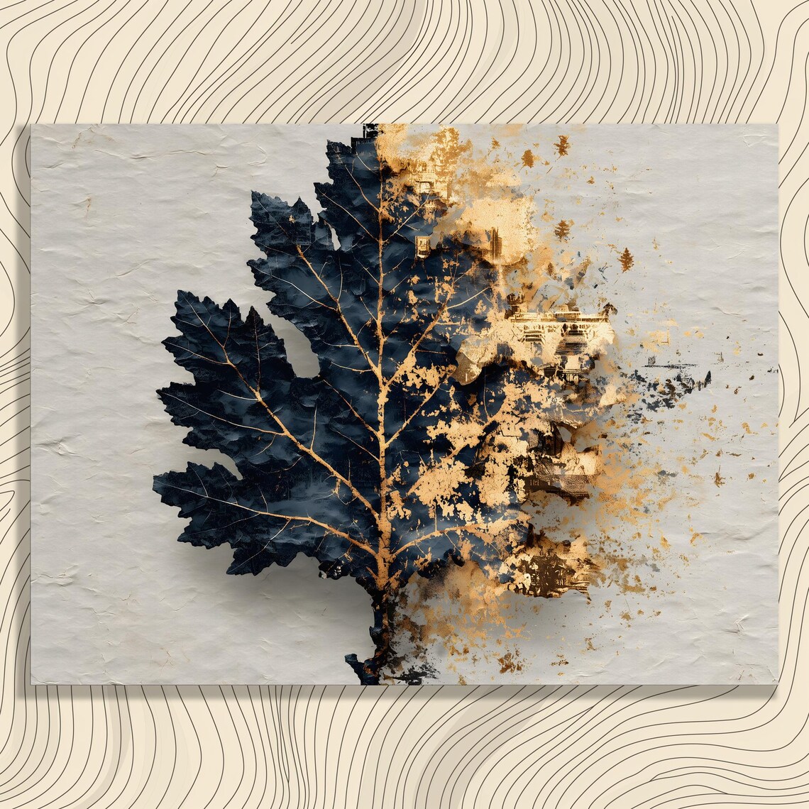 Maple Leaf Canvas Wall Art Abstract Black And Gold Botanical Print With Textured Paper Modern Nature Decor Minimalist Painting