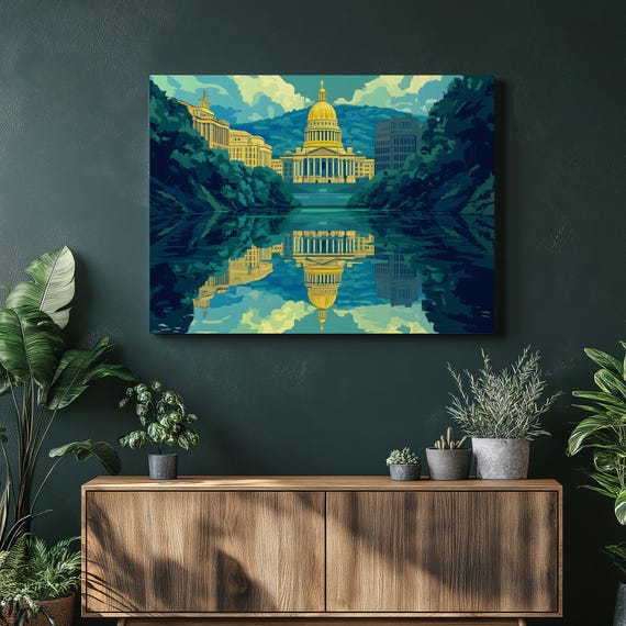 West Virginia State Capitol Canvas Wall Art Charleston Skyline Gold Dome Reflection On Kanawha River Cityscape Print For Home Office Decor