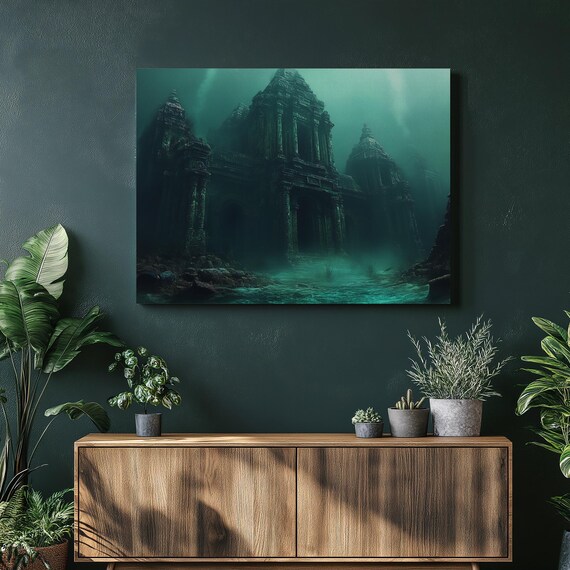 Mystical Underwater Temple Ruins Ancient Submerged Painting Poster
