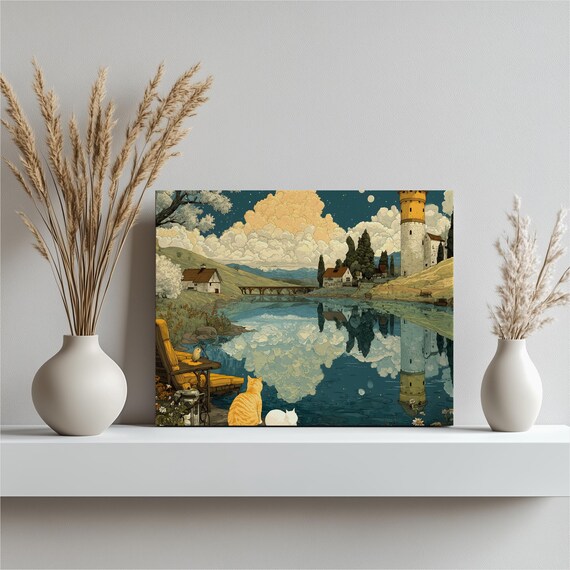 Lakeside Cats Vintage Cottage Landscape Moonlit Lake Tower Night Poster