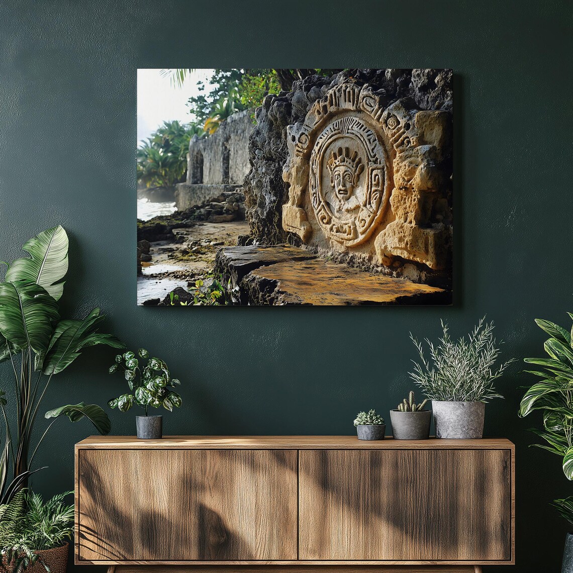 Ancient Stone Face Carving Tropical Coastal Ruins Photography Poster