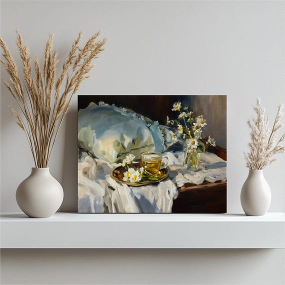 Floral Daisy Tea Canvas Wall Art Impressionist Still Life Painting Daisies Chamomile In A Clear Vase Teacup On Breakfast Tray Farmhouse