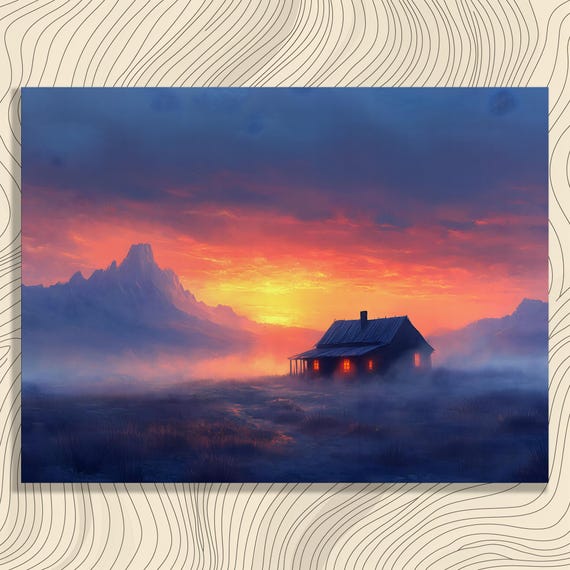 Serene Misty Cabin Sunset Canvas Wall Art Nature Modern Mountain Painting Landscape Print Scenic Tranquil