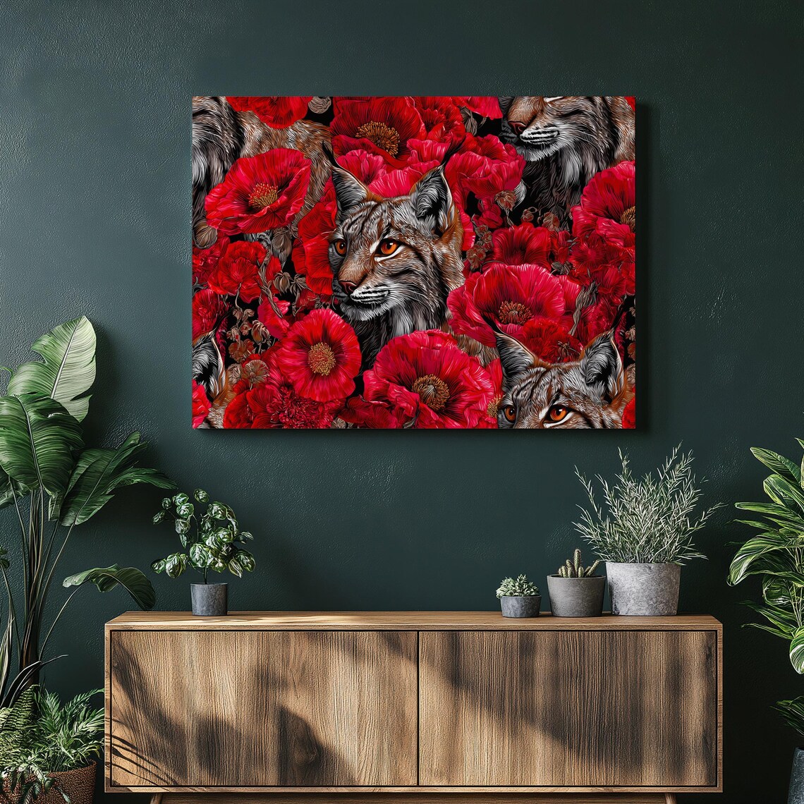 Fox Among Red Poppies Vibrant Botanical Wildlife Portrait Poster