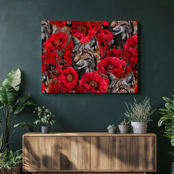Fox Poppy Canvas Wall Art Vibrant Wildlife Botanical Portrait With Red Poppies Colorful Floral Decor Print Nature Animal Illustration